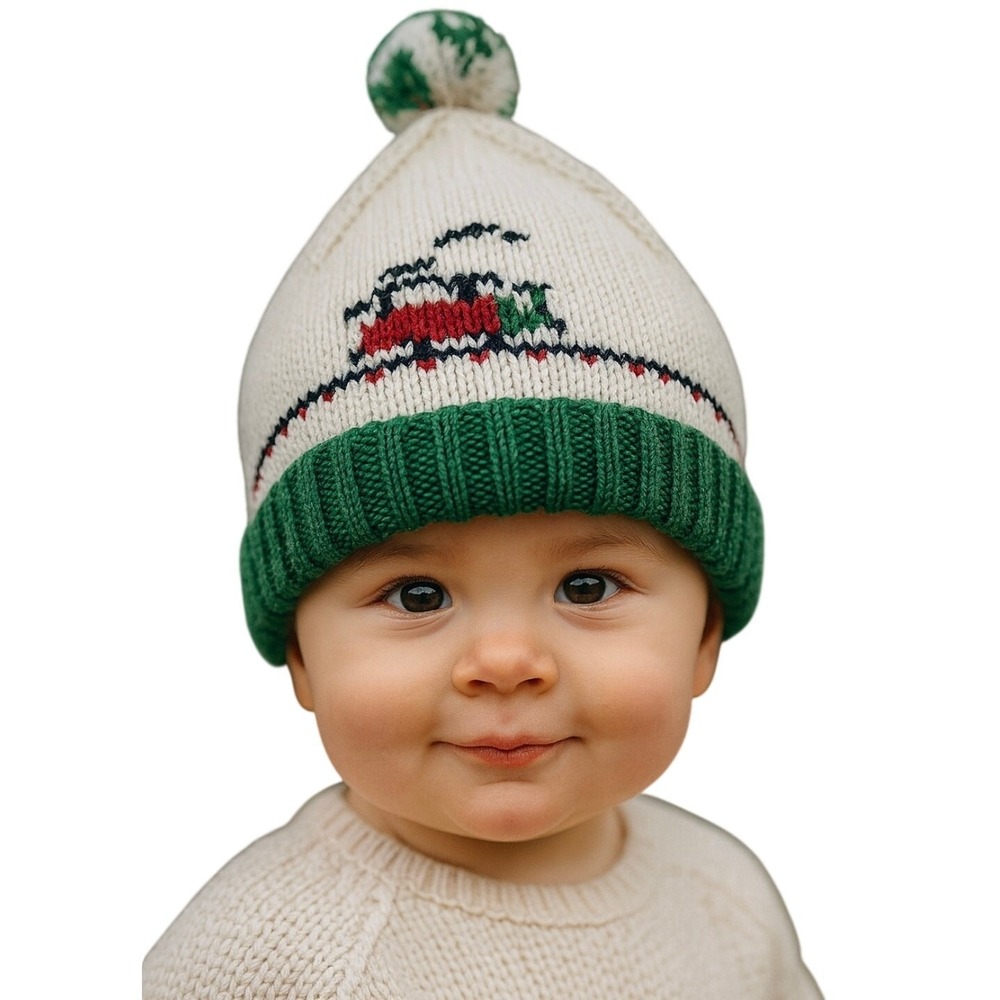 Vintage Baby Gap Knitted Hat Baby 2-4yrs‎ Choo Choo Train Pompom Outdoors Winter